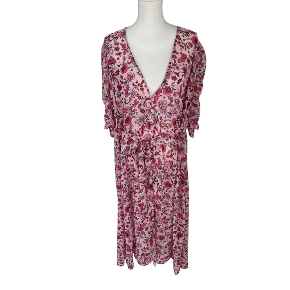 Torrid Plus 1X Pink Chiffon Ruched Sleeve Kimono Duster Popover Paisley Floral